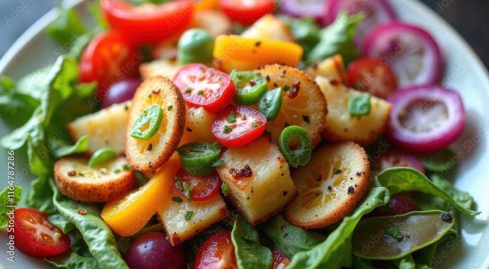 Plate of salad with potatoes and tomatoes on it Plate of salad with potatoes and tomatoes on it