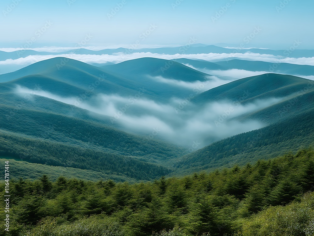 Naklejka premium Misty Mountains Rolling Green Forest Landscape