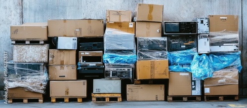 Pallet of damaged electronics boxes with torn shrink wrap, stacked haphazardly