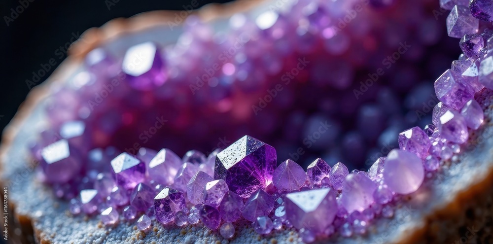 Close-up of amethyst geode, sparkling crystals, gem, spiritual, science Close-up of amethyst geode, sparkling crystals, gem, spiritual, science