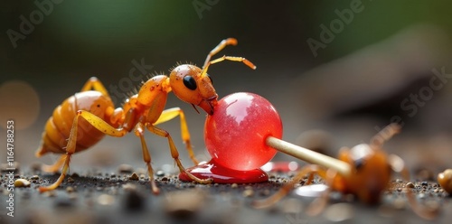 Hungry ants devour lollipop with voracious speed, sticky syrup coating their armored bodies, lollipop destruction, lollipop photo