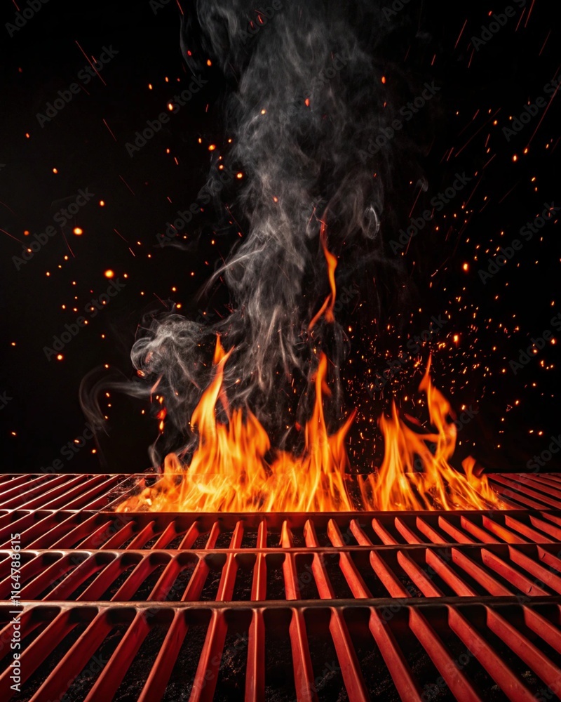 Grill Background - Empty Fired Barbecue On Black, fire burning in the fireplace party with bar-b-q hot eatery food cookout with red and yellow firewood with smoke flaming of warm grilling bonfire Grill Background - Empty Fired Barbecue On Black, fire burning in the fireplace party with bar-b-q hot eatery food cookout with red and yellow firewood with smoke flaming of warm grilling bonfire
