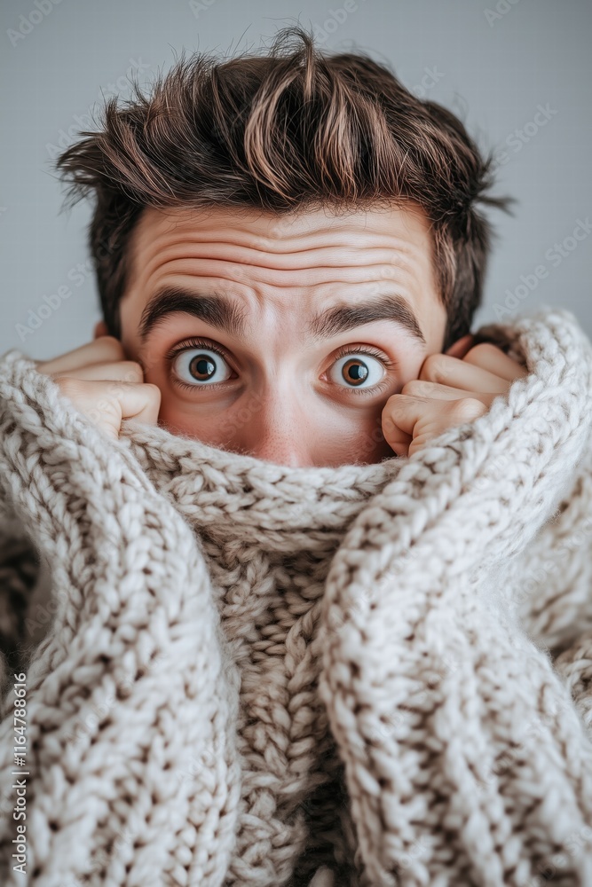 A young man with expressive eyes peeking out from a chunky knit sweater, conveying surprise or curiosity. The cozy setting adds warmth to the image. Man depicts to be surprised. A young man with expressive eyes peeking out from a chunky knit sweater, conveying surprise or curiosity. The cozy setting adds warmth to the image. Man depicts to be surprised.