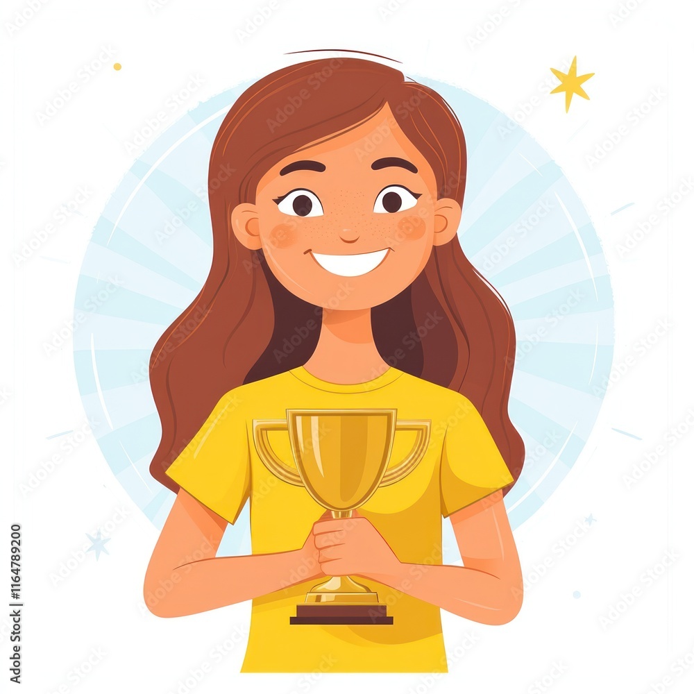 A cheerful girl holding a trophy, celebrating achievement and success. A cheerful girl holding a trophy, celebrating achievement and success.