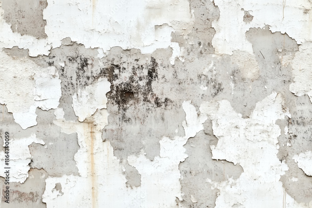 Obraz premium A close-up view of a weathered wall with peeling paint and patches of discoloration. The surface shows a mix of white and gray tones, with some areas revealing the underlying texture.