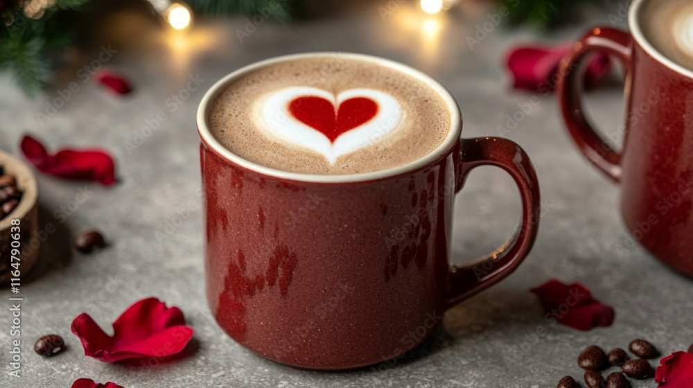Valentine's Day Romantic Hot Chocolate Latte with Heart Design Cozy Cafe Beverage Photography Warm Atmosphere Close-Up View Valentine's Day Romantic Hot Chocolate Latte with Heart Design Cozy Cafe Beverage Photography Warm Atmosphere Close-Up View