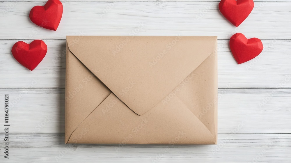 Valentine's Day Kraft Envelope with Red Hearts Romantic Gift Idea Heartfelt Message Cozy Home Setting Top View for Love Celebration Valentine's Day Kraft Envelope with Red Hearts Romantic Gift Idea Heartfelt Message Cozy Home Setting Top View for Love Celebration