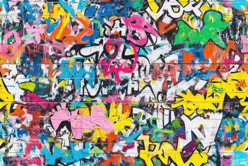 Wallpaper Mural A vibrant and colorful graffiti wall filled with various tags and designs in multiple colors including pink, blue, green, and yellow. Torontodigital.ca