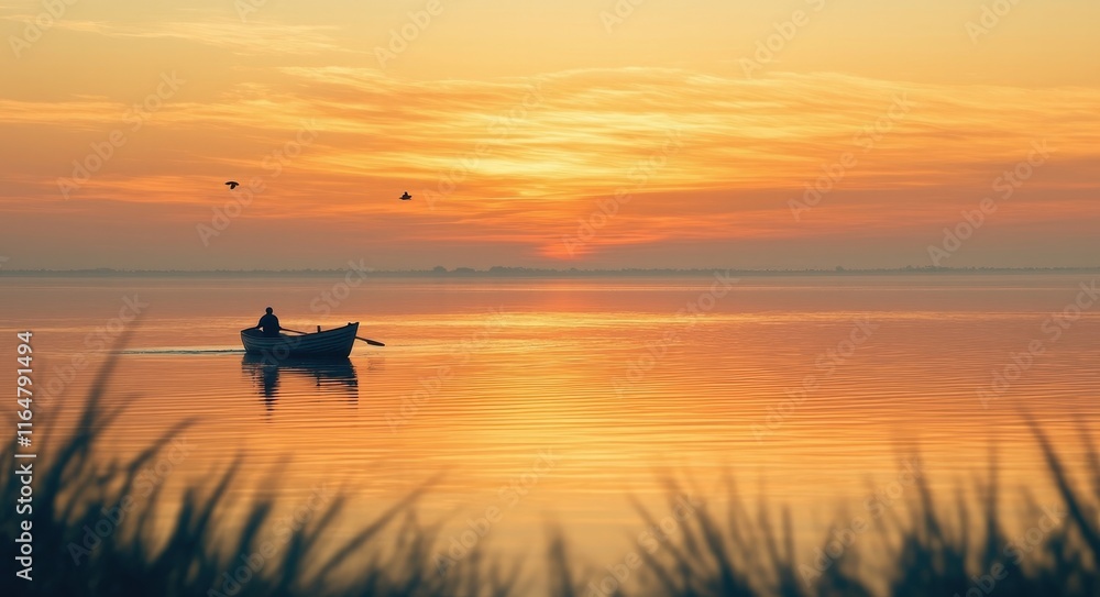Silhouette of a Fisherman Rowing a Boat in a Dramatic Sunset . Silhouette of a Fisherman Rowing a Boat in a Dramatic Sunset .