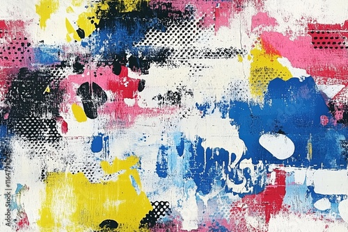 An abstract painting featuring vibrant colors like blue, pink, yellow, and black, with a textured surface and dynamic brush strokes. photo