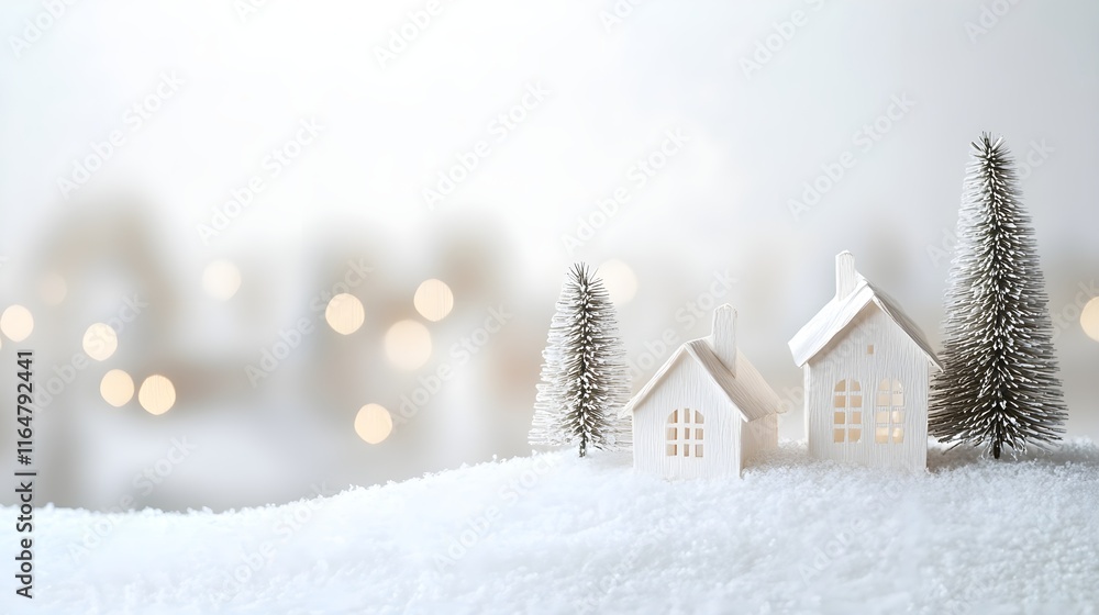 Naklejka premium Peaceful paper landscape with green pine trees, small houses, and white snow. Winter, holiday decor, serene scene, minimalist style.