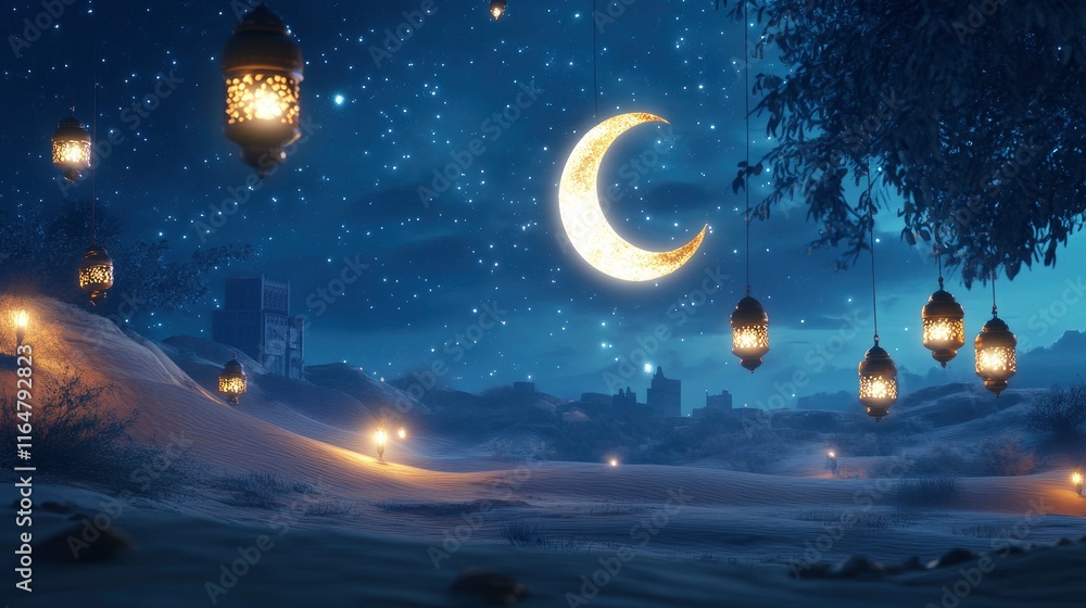 Naklejka premium Design a 3D portrait scene of a glowing crescent moon surrounded by traditional lanterns, suspended in the air over a serene desert landscape at night. The lanterns should emit a warm, For ramadan.
