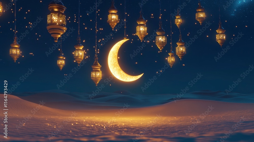 Naklejka premium Design a 3D portrait scene of a glowing crescent moon surrounded by traditional lanterns, suspended in the air over a serene desert landscape at night. The lanterns should emit a warm, For ramadan.