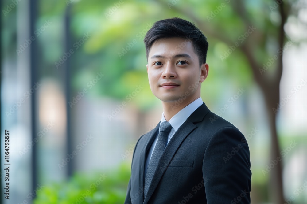 A young sales manager man in a formal black suit and tie, standing outdoors with a blurred green background. He has a confident expression and is looking directly at the camera. A young sales manager man in a formal black suit and tie, standing outdoors with a blurred green background. He has a confident expression and is looking directly at the camera.