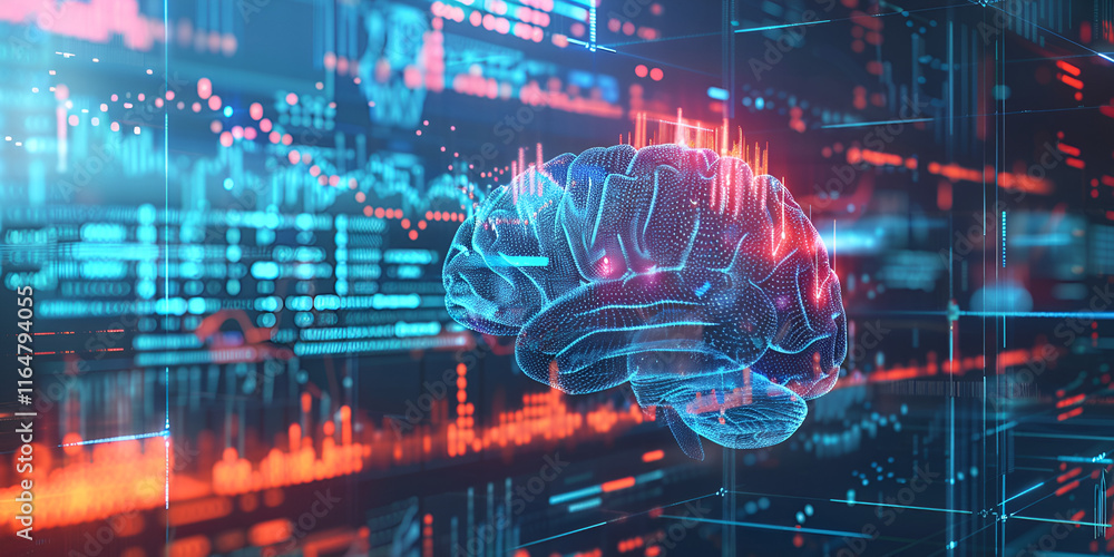 Obraz premium Digital brain with data visualization in neon interface, Futuristic AI and data processing concept 