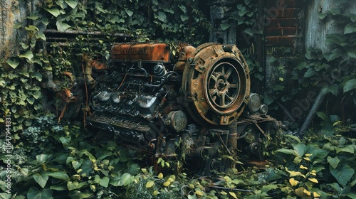 Rustic and old stock car engine abandoned in a junkyard, surrounded by overgrown vegetation, photorealistic, photo