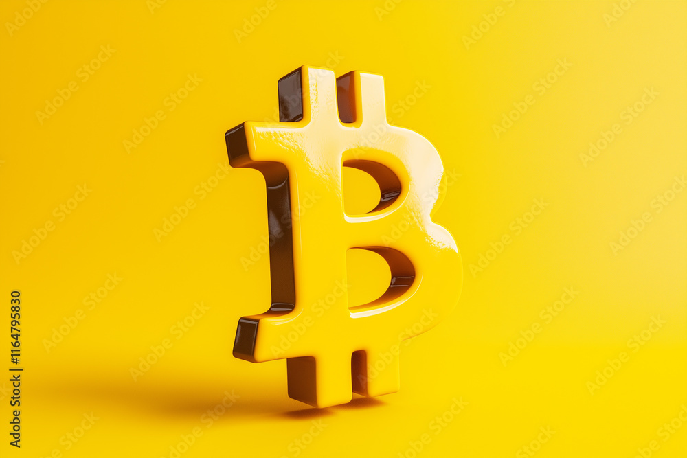 Three-Dimensional Yellow Bitcoin Symbol on Yellow Background Three-Dimensional Yellow Bitcoin Symbol on Yellow Background
