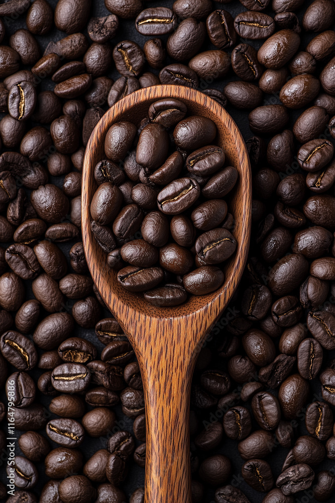 Fototapeta premium Wooden Spoon of Coffee Beans on Coffee Bean Background