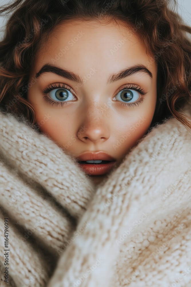 A close-up portrait of a young woman with curly hair, wide eyes, and a surprised expression, wrapped in a cozy, thick sweater. The focus is on her facial features and the texture of the sweater. A close-up portrait of a young woman with curly hair, wide eyes, and a surprised expression, wrapped in a cozy, thick sweater. The focus is on her facial features and the texture of the sweater.