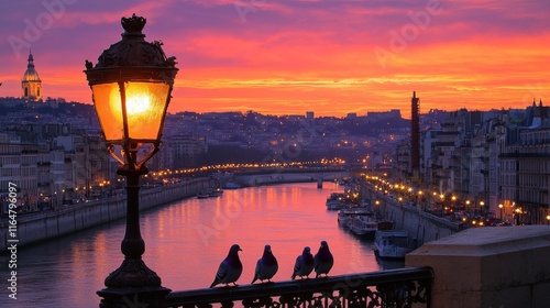 Fototapeta Naklejka Na Ścianę i Meble -  Romantic Parisian sunset over the Seine River, featuring a glowing street lamp and three pigeons silhouetted against the vibrant sky.