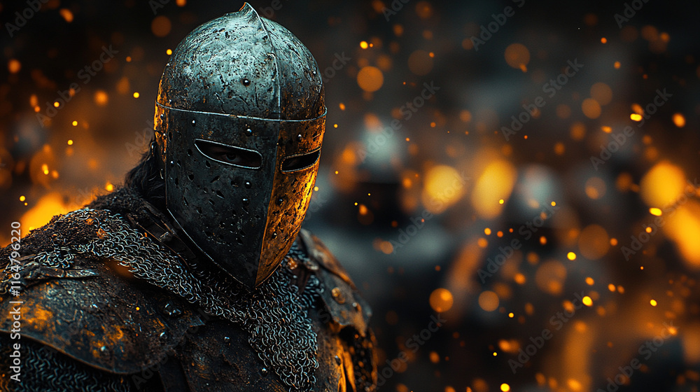 Fototapeta premium Teutonic Knight in Full Armor with Sword, Medieval Templar Warrior Standing in Battle Stance on Historic Battlefield in the Middle Ages, Dramatic Light and Historical Setting