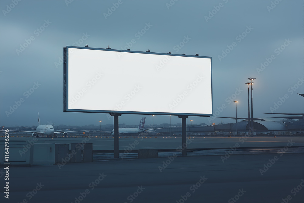 Mock up of a blank billboard near an airport runway with planes in the distance. Promotion information for marketing announcements and details Mock up of a blank billboard near an airport runway with planes in the distance. Promotion information for marketing announcements and details