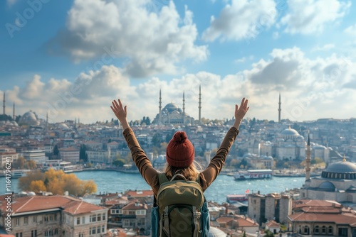 Tourist wearing a hat and a backpack, contemplating a view of Istanbul, Turkey, on a summer day. photo