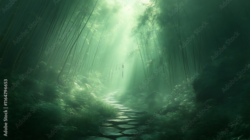 Fototapeta premium Mystical Bamboo Forest Path Stone Steps Sunlight
