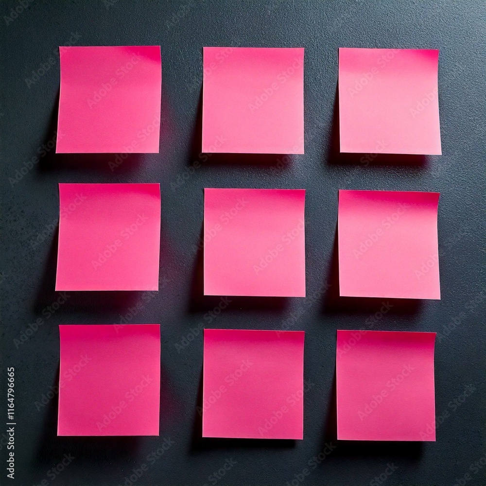 Nine pink sticky notes arranged on a grey board Nine pink sticky notes arranged on a grey board