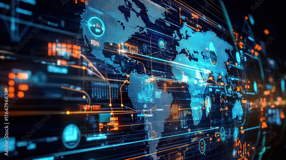 A futuristic control room with digital monitors displaying global logistics routes. A futuristic control room with digital monitors displaying global logistics routes.