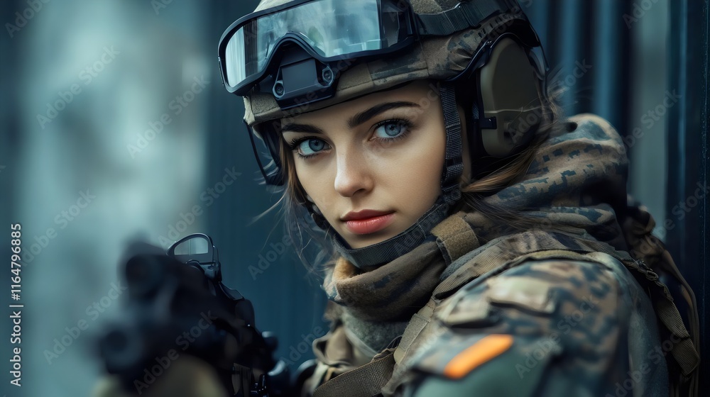 A focused female soldier in tactical gear, poised and ready for action, with striking blue eyes and a determined expression. A focused female soldier in tactical gear, poised and ready for action, with striking blue eyes and a determined expression.