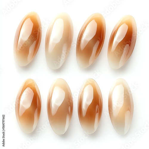 Glossy brown nail tips arranged in a neat pattern, white isolated background. photo