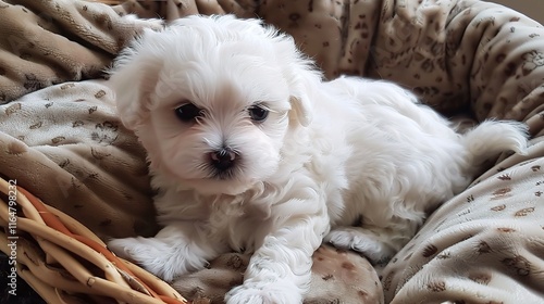 Adorable Bichon with its fluffy white coat standing gracefully, showing its cute little eyes and a friendly expression on its face. Its soft fur seems so smooth as it wags its tail slightly photo