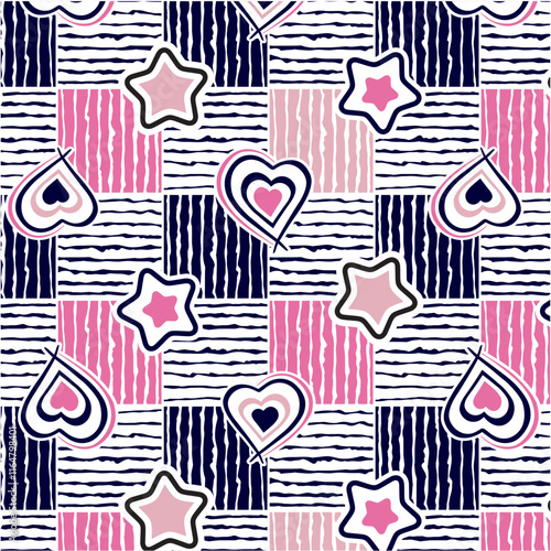 Hearts and stars pattern on wavy squares background