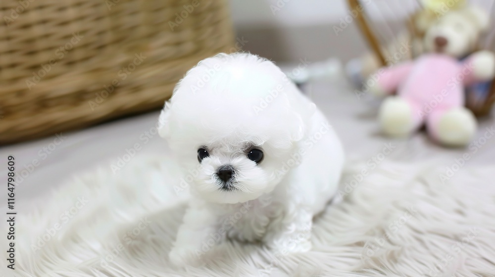Adorable Bichon with its fluffy white coat standing gracefully, showing its cute little eyes and a friendly expression on its face. Its soft fur seems so smooth as it wags its tail slightly Adorable Bichon with its fluffy white coat standing gracefully, showing its cute little eyes and a friendly expression on its face. Its soft fur seems so smooth as it wags its tail slightly