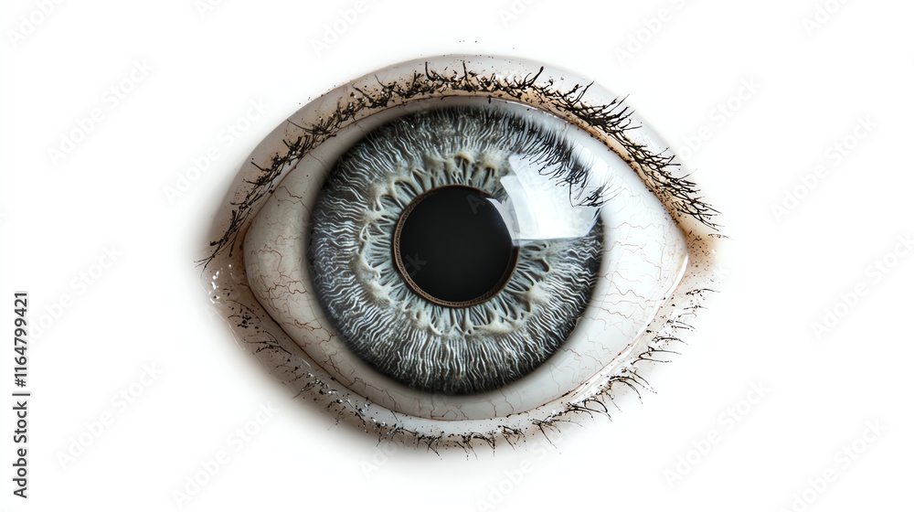 Close-up view of a human eye with detailed iris patterns, white isolate background. Close-up view of a human eye with detailed iris patterns, white isolate background.