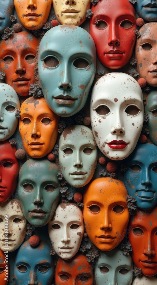 A close up of a wall of many different colored masks A close up of a wall of many different colored masks