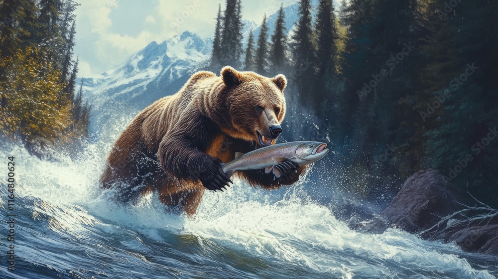 Grizzly Bear Catching Salmon in Mountain River Grizzly Bear Catching Salmon in Mountain River