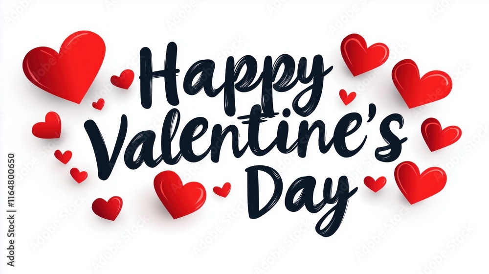 Glossy red hearts and Happy Valentine's Day text on white background Glossy red hearts and Happy Valentine's Day text on white background