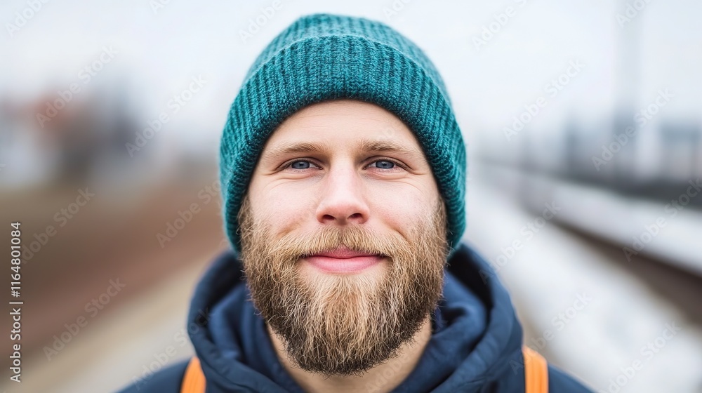 Warmly dressed young caucasian male smiling outdoors in winter Warmly dressed young caucasian male smiling outdoors in winter