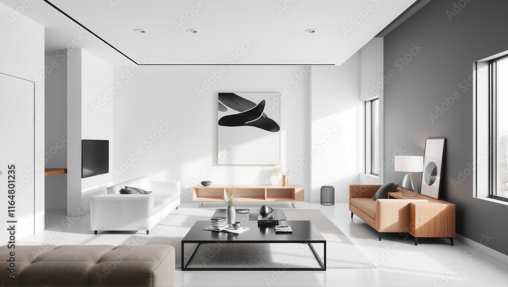 Modern minimalist living room with white furniture, abstract black-and-white artwork, a coffee table centerpiece, indoor plants, and natural lighting. Sleek and serene. Generative, AI, Modern minimalist living room with white furniture, abstract black-and-white artwork, a coffee table centerpiece, indoor plants, and natural lighting. Sleek and serene. Generative, AI,