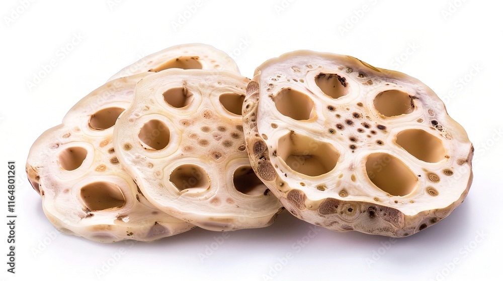Fresh lotus root lying gracefully on a pure white background, showing its unique shape with several sections connected in an orderly manner. The smooth surface of the lotus root is clearly visible Fresh lotus root lying gracefully on a pure white background, showing its unique shape with several sections connected in an orderly manner. The smooth surface of the lotus root is clearly visible