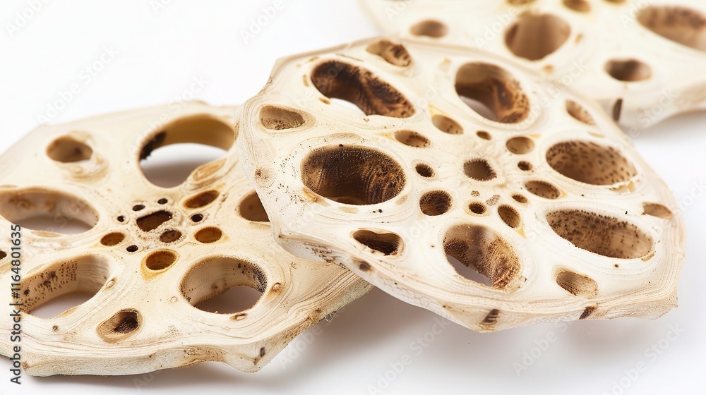 Fresh lotus root lying gracefully on a pure white background, showing its unique shape with several sections connected in an orderly manner. The smooth surface of the lotus root is clearly visible Fresh lotus root lying gracefully on a pure white background, showing its unique shape with several sections connected in an orderly manner. The smooth surface of the lotus root is clearly visible