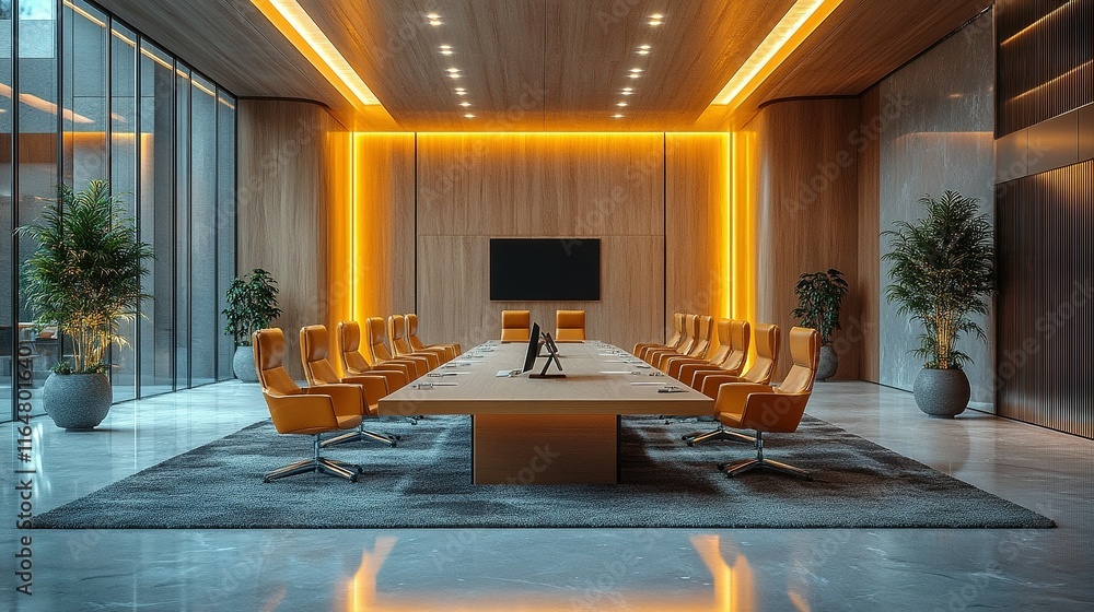 Fototapeta premium Modern Boardroom Featuring Warm Lighting and Stylish Chairs