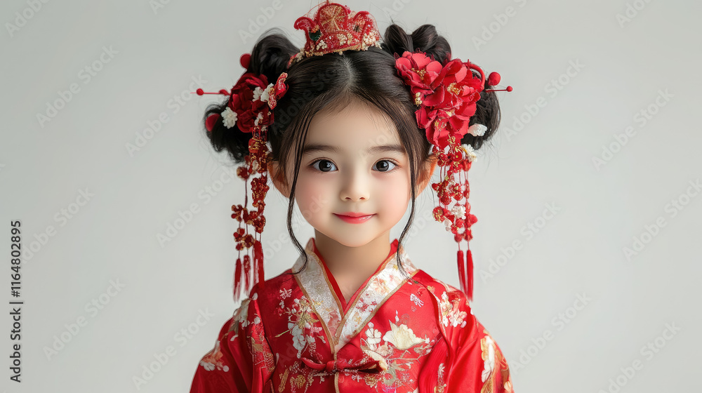Cute little chinese girl in red carnival dress smiling on white background, asian child, holiday Cute little chinese girl in red carnival dress smiling on white background, asian child, holiday