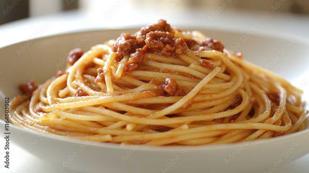 A bowl of spaghetti topped with meat sauce, showcasing a delicious Italian dish. A bowl of spaghetti topped with meat sauce, showcasing a delicious Italian dish.