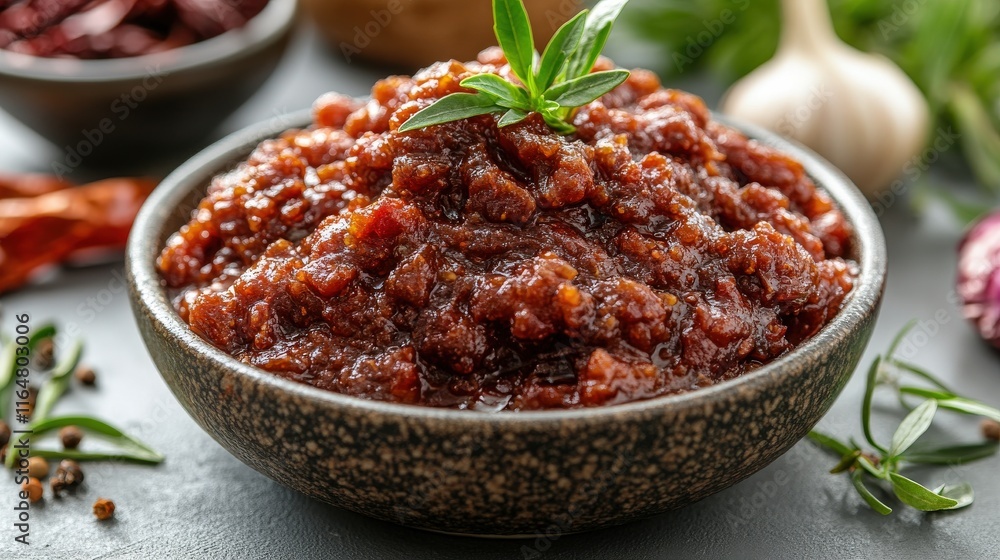 A bowl of rich, spicy condiment with herbs, perfect for enhancing flavors in various dishes. A bowl of rich, spicy condiment with herbs, perfect for enhancing flavors in various dishes.