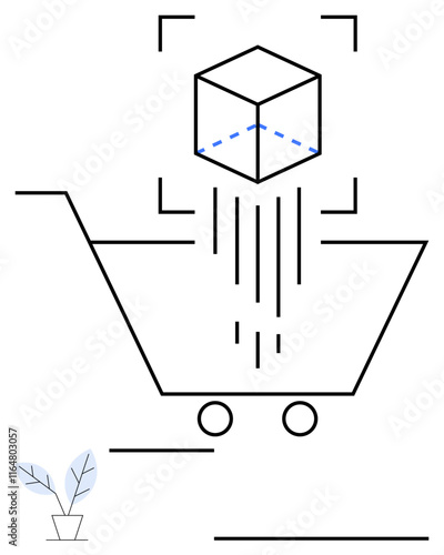 Cube projected into a shopping cart with abstract lines, showing product digitization. Ideal for ecommerce, online shopping, technology, retail, innovation, business, and abstract line flat metaphor
