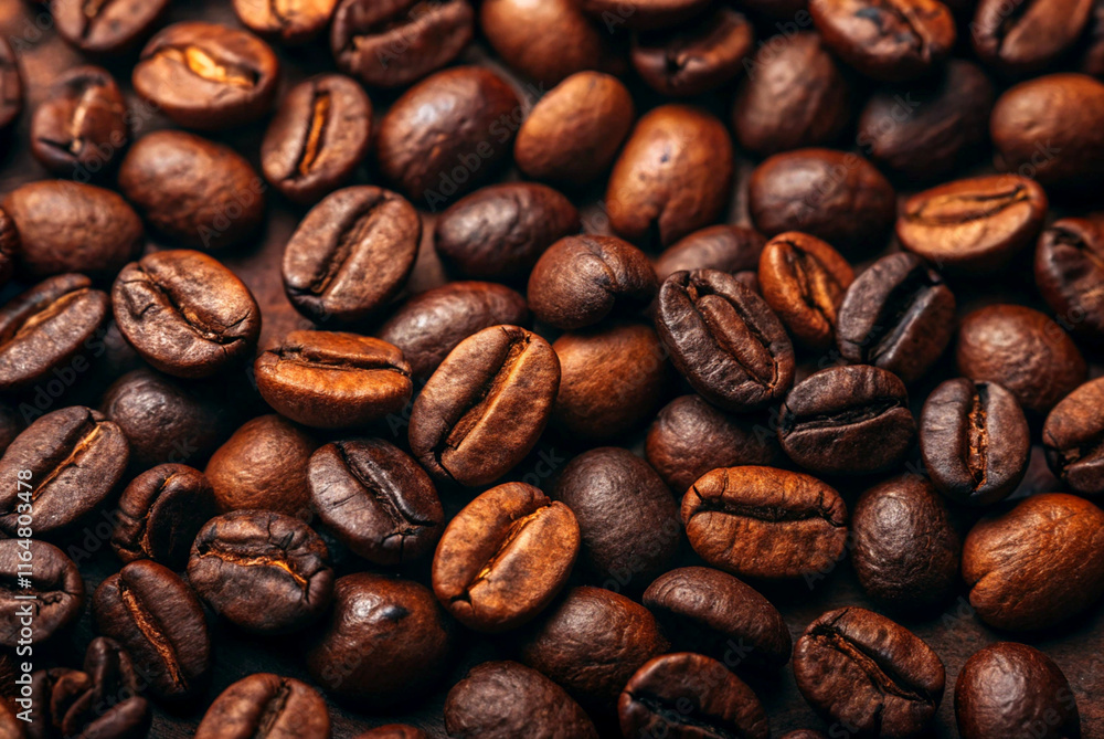 Naklejka premium Close up of roasted coffee beans background hot drink grain texture for vintage morning breakfast energy caffeine aroma or grain wallpaper