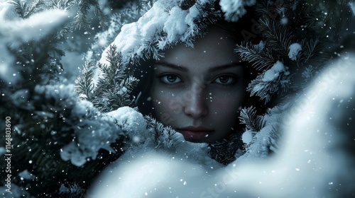 Fototapeta Naklejka Na Ścianę i Meble -  Winter Wonderland Woman Hidden in Snowy Forest